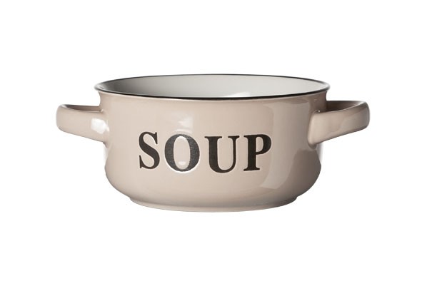 BOL A SOUPE CREAM D13.5XH6.5CM AVEC TEXTE SOUP-  POIGNEES 47CL main product photo