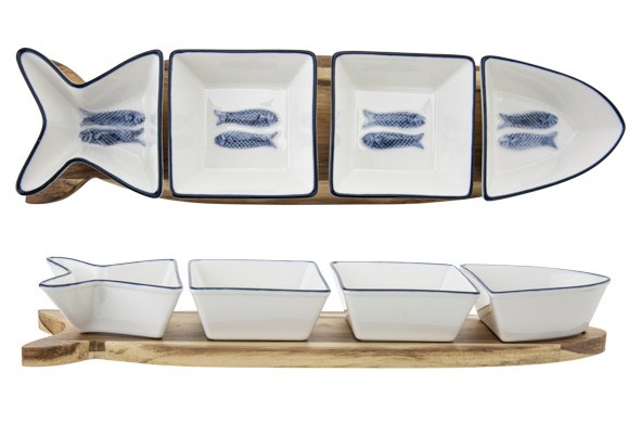 BRANZINO SET APERO 5PCS 37X9,5XH4,8CM FORME POISSON - 4 COUPELLES + BASE BOIS main product photo