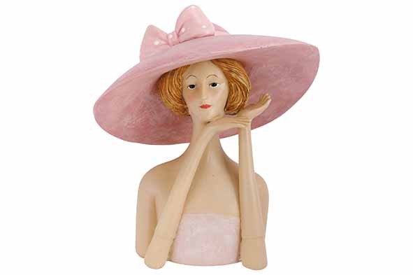 BEELD LADY WITH HAT ROZE 21X14XH23CM AND ERE POLYRESIN