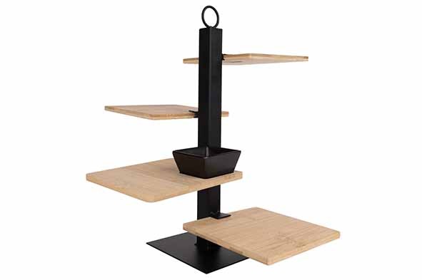 METALEN  ETAGERE: 4 BAMBOE PLANKJES  MET KERAMIEK SCHAALTJE 35X35XH37CM main product photo